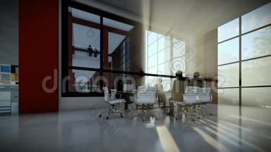 商务团队剪影会议，日落时的办公楼，倾斜